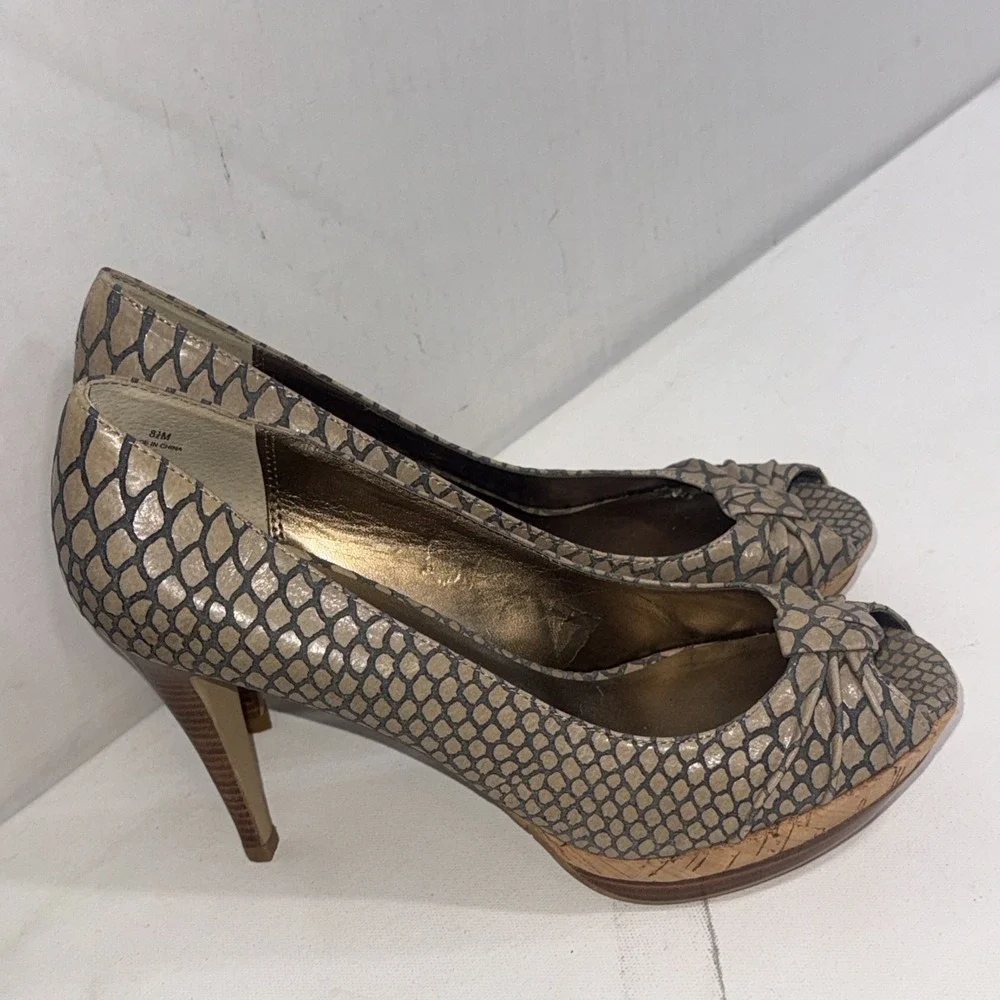Moda Peep Toe Snakeskin Taupe Stiletto Bow Wedge Platform Pumps‎ Heels 8.5 M